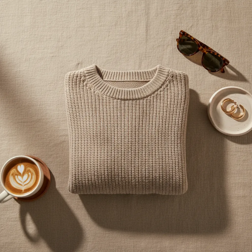 After: styled flat lay — AI flat lay generator apparel demo, casual snapshot to styled linen scene