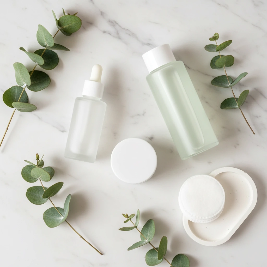 After: styled flat lay — AI flat lay generator beauty demo, counter snapshot to marble editorial scene