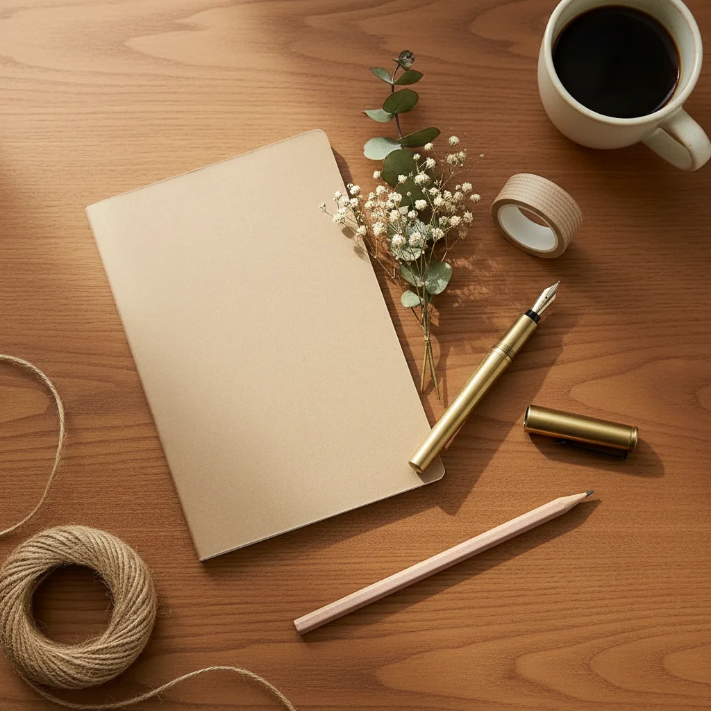 After: styled flat lay — AI flat lay generator stationery demo, plain desk shot to warm wood desk scene