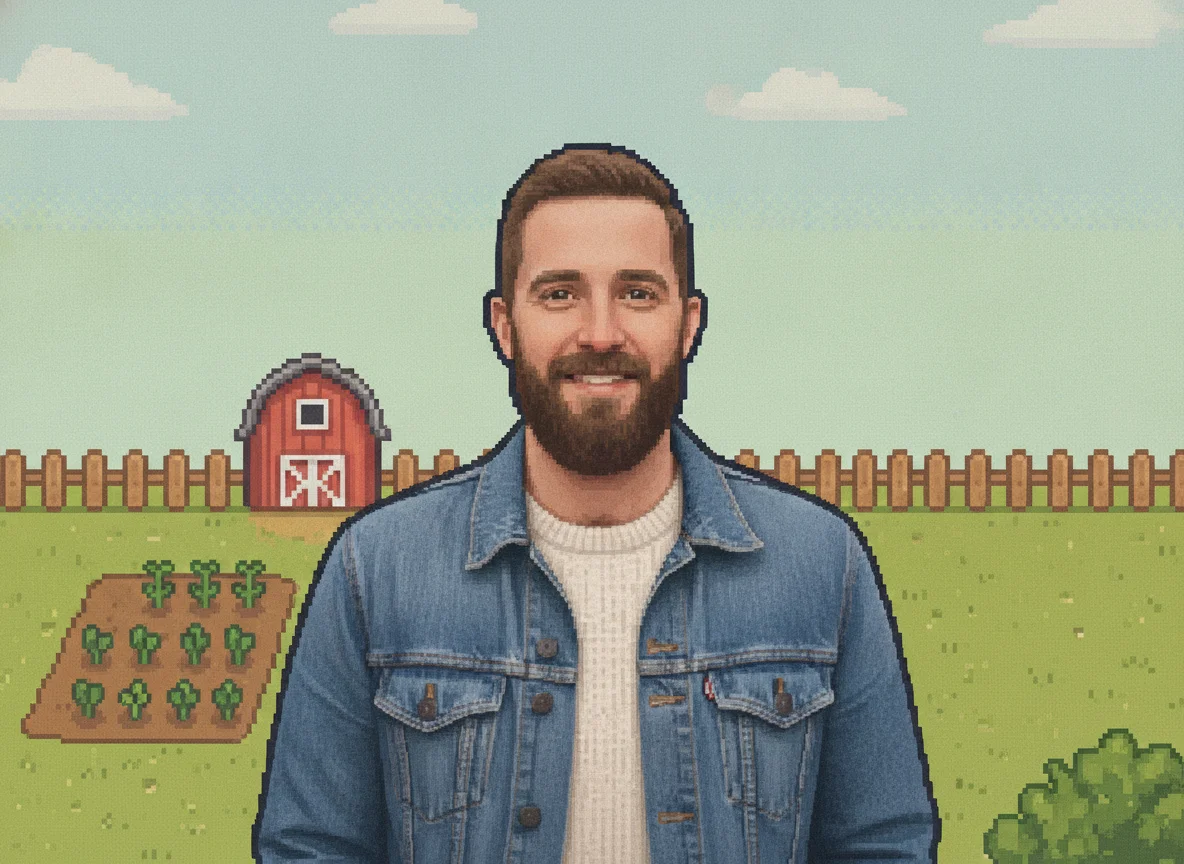 Pixel art portrait after the Stardew Valley character creator — Golden-hour portrait to pixel farmer demo